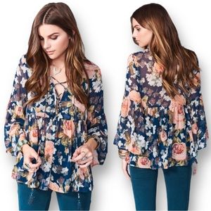 Show Me Your Mumu Poet Tie Top Hunter Green Floral Blouse Women's Size Med Boho